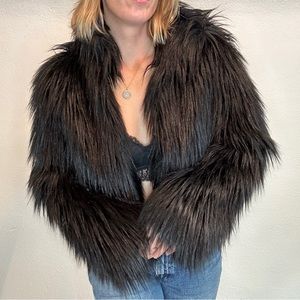 BABATON KUMA black faux fur shaggy high neck rocker coat jacket plush NEW NWT